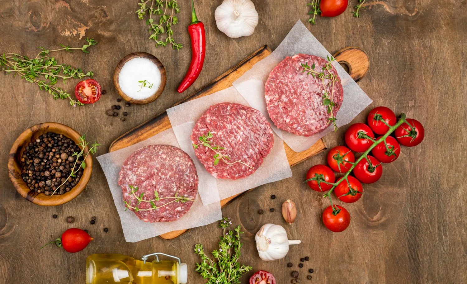 Tres hamburguesas de carne cruda sobre papel encerado, rodeadas de ingredientes frescos como tomates cherry, ajo, guindilla, sal, pimienta negra y hierbas aromáticas, sobre una tabla de madera. Ideal para recetas de cocina y preparación de comidas.