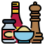 Iconos de condimentos de cocina, incluyendo botellas de salsas, sal, pimienta y un tazón con especias, ideales para recetas y gastronomía.