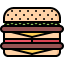 Icono de una hamburguesa con pan, carne, queso y vegetales, representando la comida rápida.